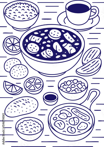 Indian cuisine dishes in line art style with black and white colors