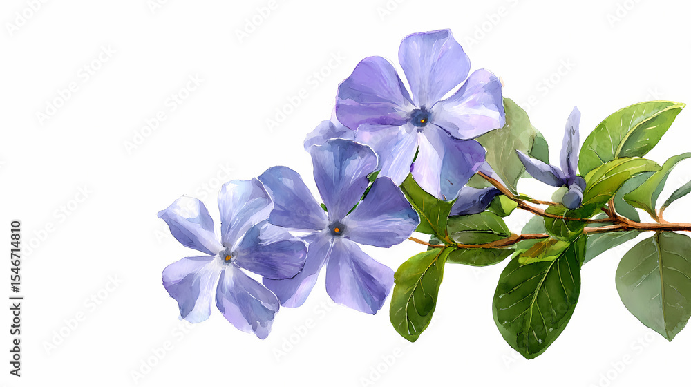 Fototapeta premium Watercolor Illustration of Periwinkle (Sadabahar) Flowers – Delicate Pink and Purple Blooms with Green Leaves on White Background