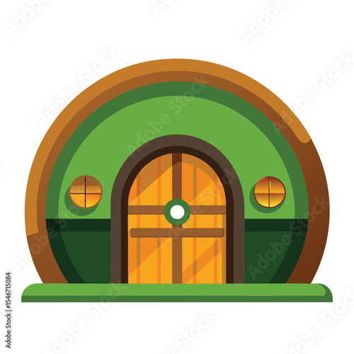 A cartoon hobbit house with a round green door and windows isolated on white background