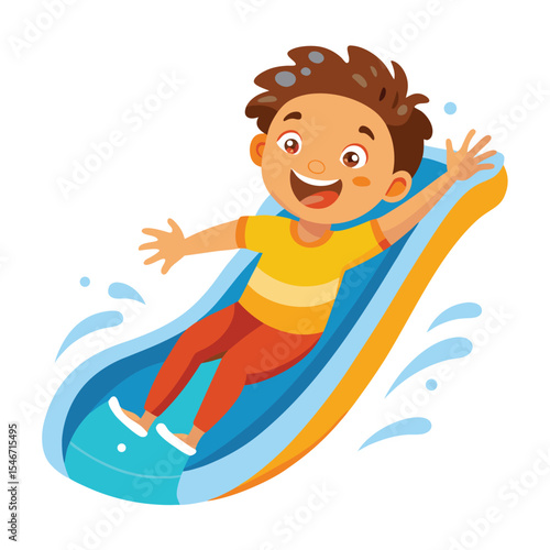 A cheerful cartoon boy is sliding down a blue and yellow waterslide with water splashing around him isolated on white background