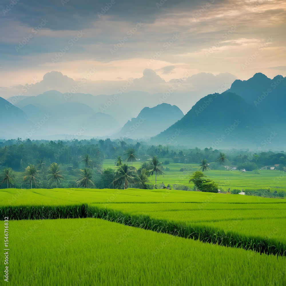 Naklejka premium Serene Green Rice Paddy Fields Surrounded by Majestic Mountains at Dawn
