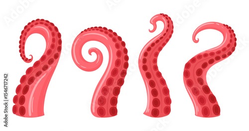 Cartoon squid tentacles. Marine octopus creature palpus, twisted limbs with suckers flat vector illustration set. Ocean octopus animal tentacles on white