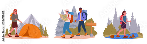 Hiking and camping people. Active characters trekking, outdoor adventure, hiking and backpacking flat vector illustration set. Tourists collection