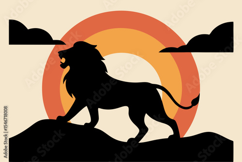 Powerful Lion Profile Silhouette with Orange Sunset Glow