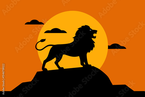 Bold Lion Silhouette on Hilltop with Warm Sunset Horizon