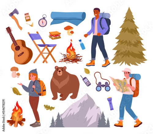 Outdoor camping supplies. Hiking, backpacking people and tourists tools, tent, bonfire and axe flat vector illustration set. Camping equipment and characters on white