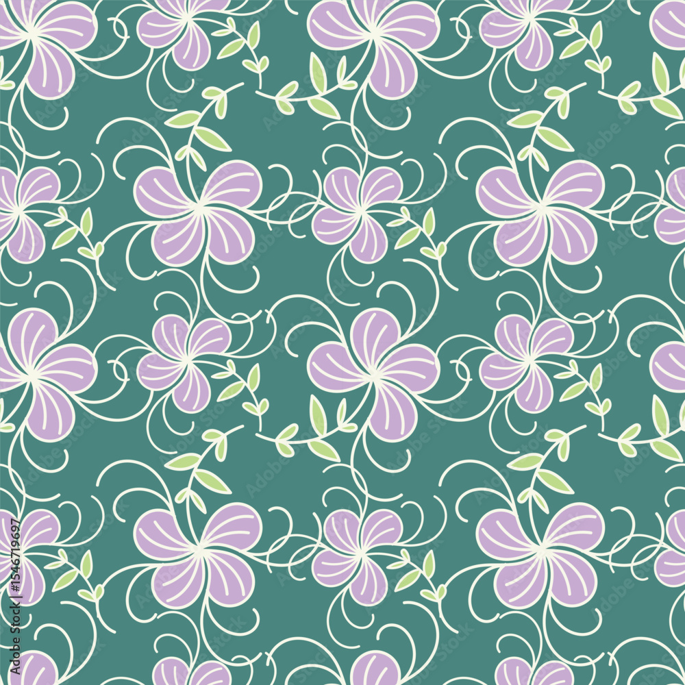 Fototapeta premium Artistic simple branches flowers peonies, dahlia and buds with leaves seamless pattern. Vector hand drawn. Retro, vintage, pastel print. Template for design, fabric, fashion, wallpaper, textile 