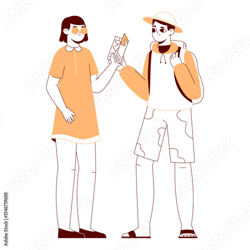 Travellers with map. Tourist characters couple, traveling people, tourists finding map location flat vector illustration. Male and female tourist scene