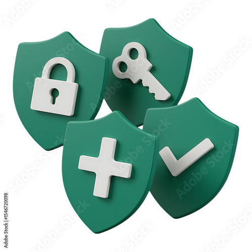 Green shields with security and health icons