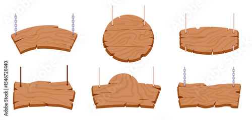 Wooden sign boards. Hanging wood boards, rustic wooden frames flat vector illustration set. Cartoon pointing signs collection