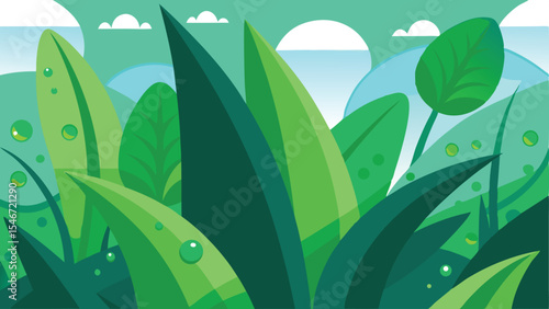 Abstract green foliage illustration with dewdrops and a simplified landscape design