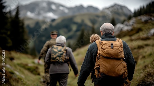 Wallpaper Mural A group of elderly hikers with backpacks navigate a picturesque mountain trail, capturing the essence of companionship and adventure in a breathtaking natural setting. Torontodigital.ca