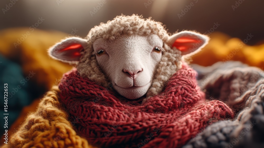 A cute sheep snuggled in a colorful knitted blanket, showcasing warmth and comfort, embodying feelings of coziness and tranquility against a soothing backdrop. A cute sheep snuggled in a colorful knitted blanket, showcasing warmth and comfort, embodying feelings of coziness and tranquility against a soothing backdrop.