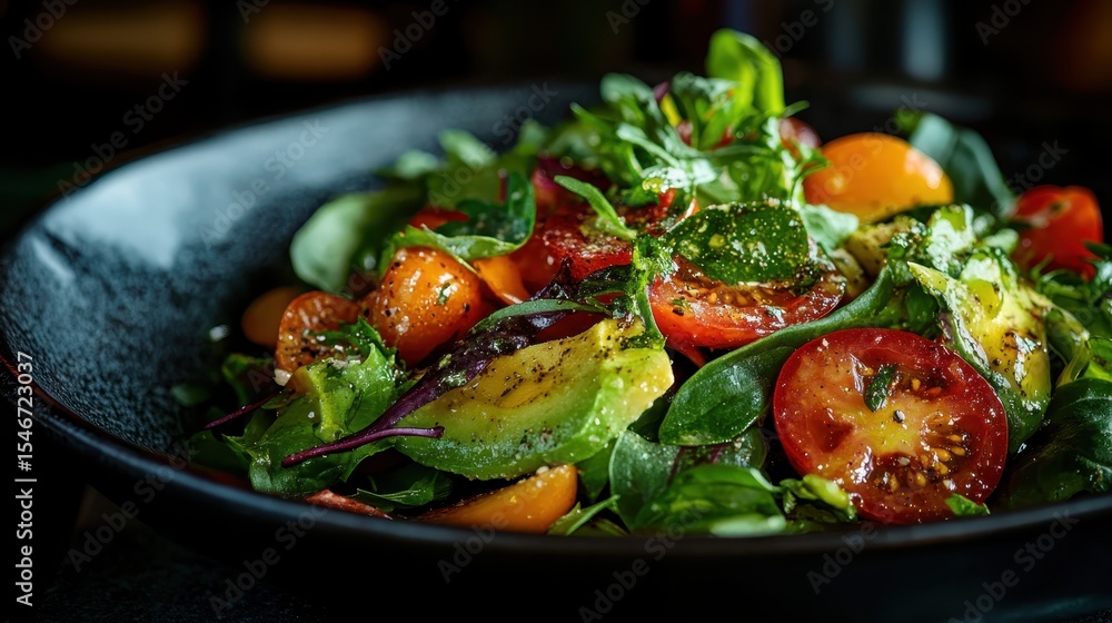 A colorful salad brimming with fresh greens and juicy tomatoes is beautifully presented in a stylish bowl, tempting one to enjoy healthy and nourishing meals. A colorful salad brimming with fresh greens and juicy tomatoes is beautifully presented in a stylish bowl, tempting one to enjoy healthy and nourishing meals.