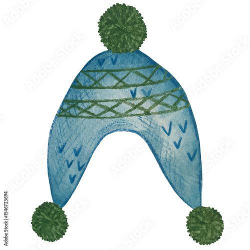 Cozy winter hat illustrated with watercolor and watercolor pencils. Hand-drawn warm accessory on white and transparent background. Perfect for seasonal and holiday designs.