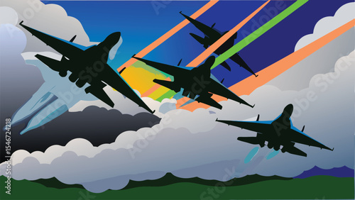 Aviation scene featuring a squadron of fighter jets flying through a cloudy sky with colorful rays