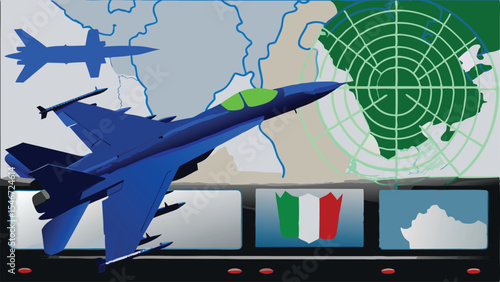Blue fighter jets over a map with a radar screen and the italian flag on a control panel display