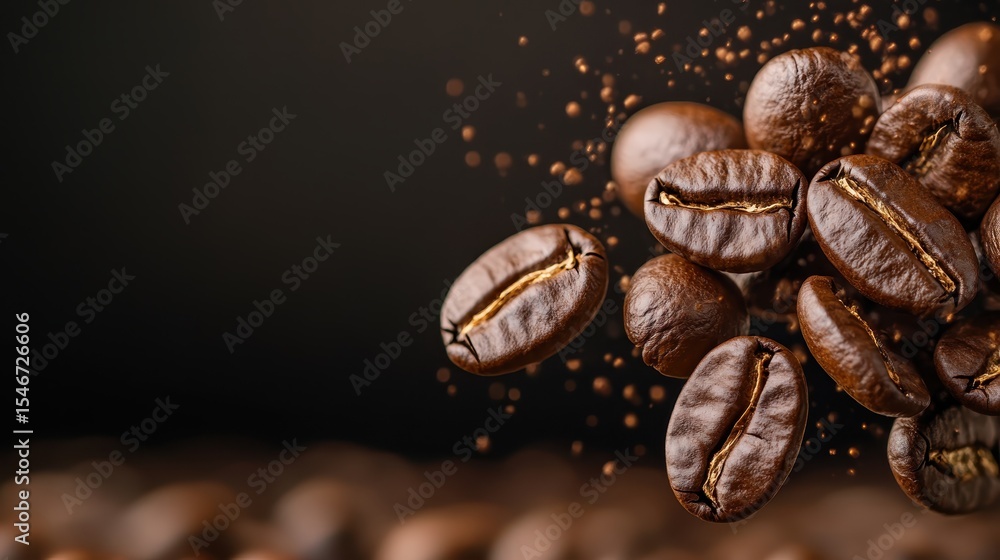 A dynamic shot of coffee beans captured in mid-air against a dark backdrop, showcasing their rich texture and the energy associated with coffee culture. A dynamic shot of coffee beans captured in mid-air against a dark backdrop, showcasing their rich texture and the energy associated with coffee culture.