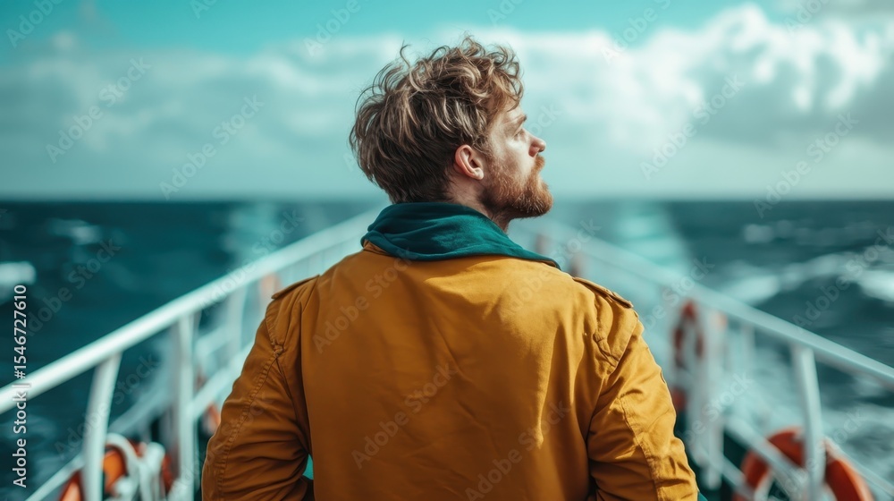 Fototapeta premium A contemplative man gazes at the vast ocean from the deck of a ferry, encapsulating the spirit of adventure and reflection amidst nature’s expansive beauty.