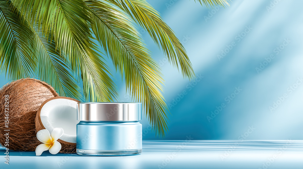 Obraz premium Skin care product presentation with palm leaves and blue background