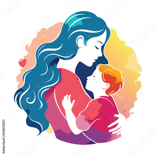 A mother lovingly embraces her child in a tender hug with watercolor accents isolated on white background