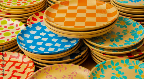 Colorful stack of wooden plates