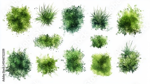 Watercolor painting of various green bushes and grass tufts, top view, isolated on white background.