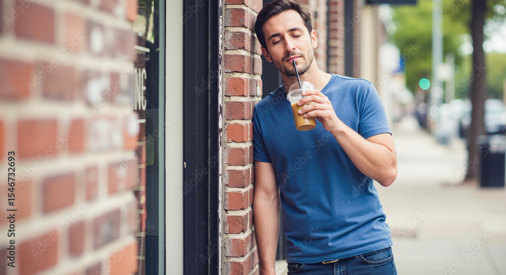 Fototapeta premium Man with eyes closed, enjoying the taste of a cold drink through a straw on a city street. A moment of pure refreshment and relief from the summer heat, leaning on a brick wall