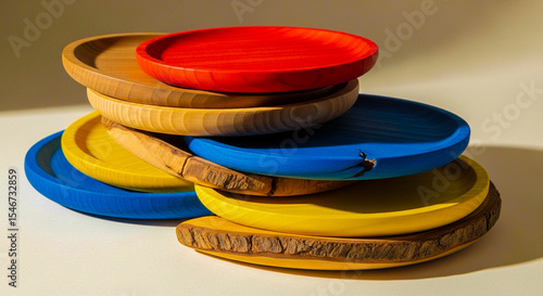 Colorful stack of wooden plates