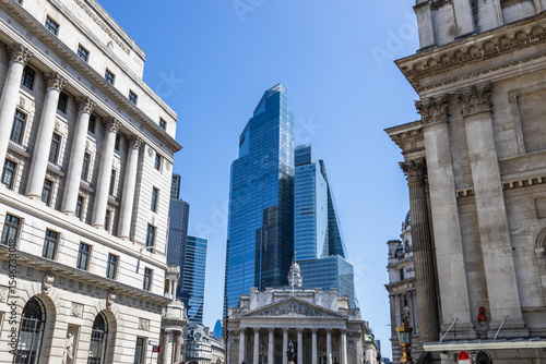 Modern Skyscraper and Historic Architecture in London Financial District