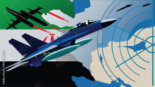 Illustration of fighter jets flying over a map with radar and missiles in the background scene view