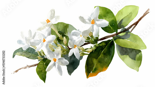 Watercolor Illustration of Stephanotis Flower – Delicate White Star-Shaped Blossoms with Green Leaves on White Background

