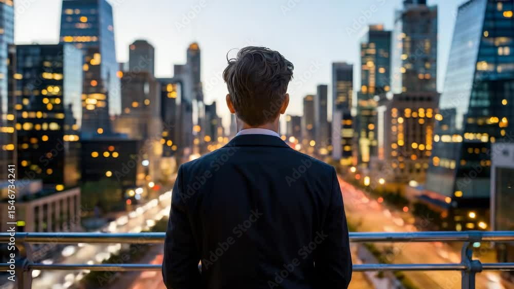 A businessman contemplates future opportunities overlooking a vibrant cityscape at sunset, showcasing ambition and urban success. A businessman contemplates future opportunities overlooking a vibrant cityscape at sunset, showcasing ambition and urban success.