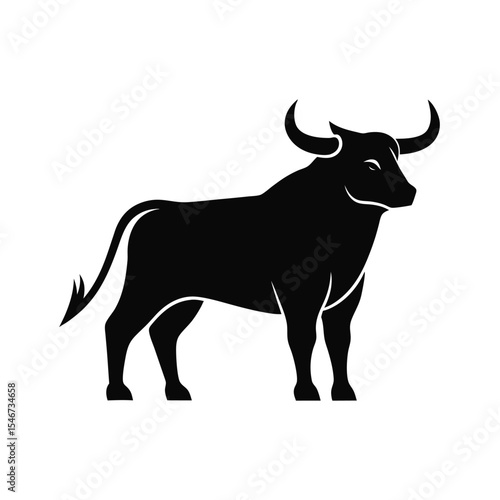 A strong black bull with curved horns stands isolated on white background in a side profile view