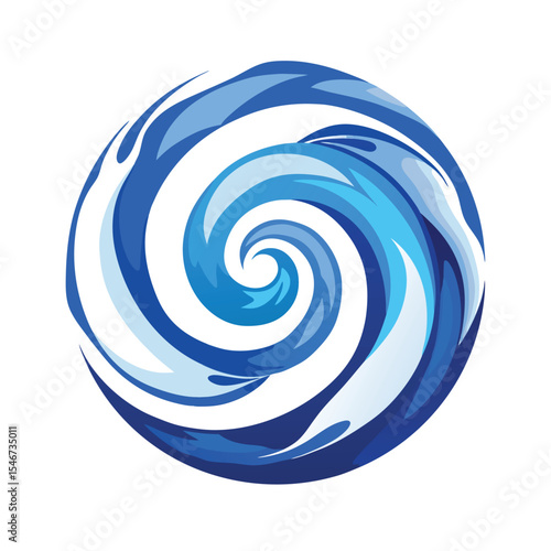 A swirling blue water wave spirals in a circular motion isolated on white background representing the dynamic flow of nature in an abstract design.eps