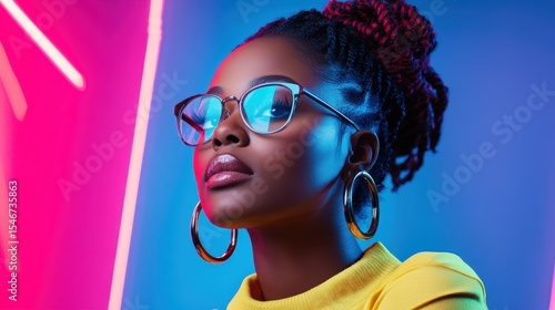 A fashionable woman flaunts her style with glasses against a vibrant, neon background, highlighting her confidence and modern aesthetic in a playful and artistic manner.