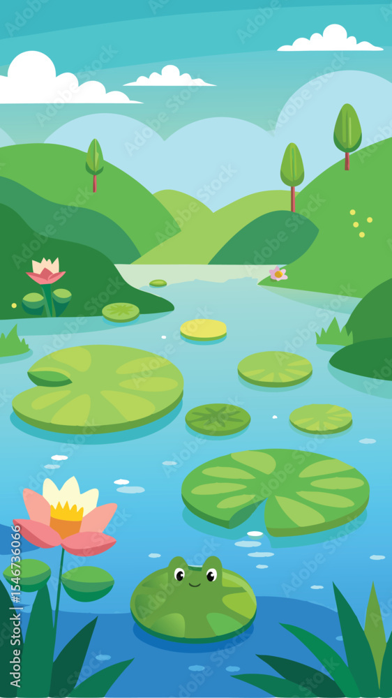 Obraz premium Cartoon illustration of pond with lily pads frog and beautiful landscape