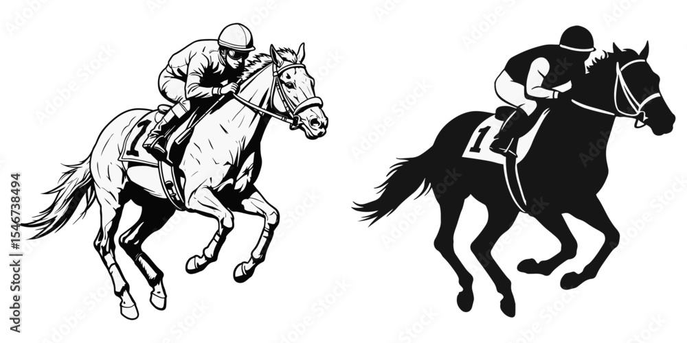 Racehorse and Jockey Galloping Outline and Silhouette Vector Racehorse and Jockey Galloping Outline and Silhouette Vector