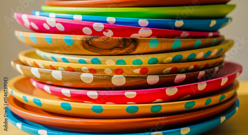 Colorful stack of wooden plates