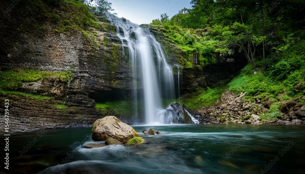 Fototapeta premium fresh waterfall flows over rocky surface creating serene atmosphere surrounded by greenery rugged terrain