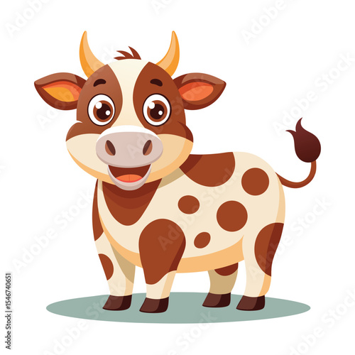 Cute cartoon cow with brown spots isolated on white background standing happily in a farm setting