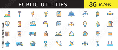 Public Utilities Flat Color Icon Set – Essential Services Vector Icons for Energy, Water, Waste, and Communication