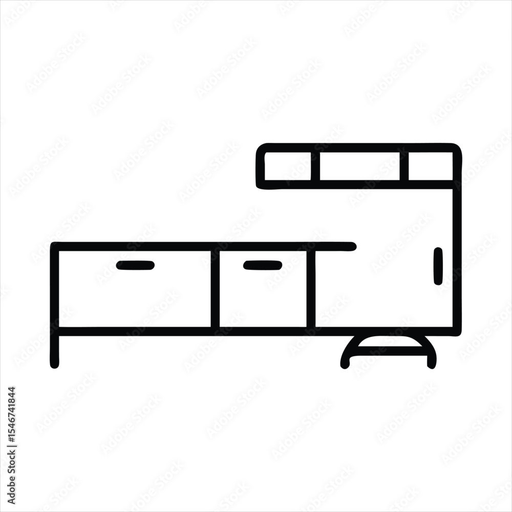 A vector modern cabinet and desk outline icon, white background. A vector modern cabinet and desk outline icon, white background.