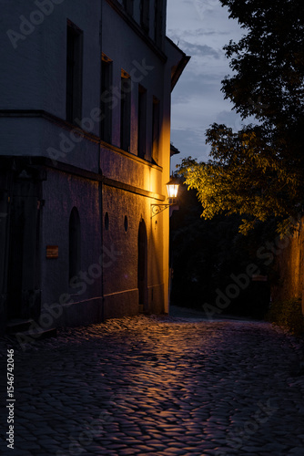 A peaceful and serene evening scene showcasing a charming cobblestone street warmly illuminated by an old lamp