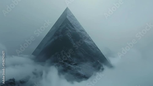 Monolithic pyramid shrouded in misty peaks