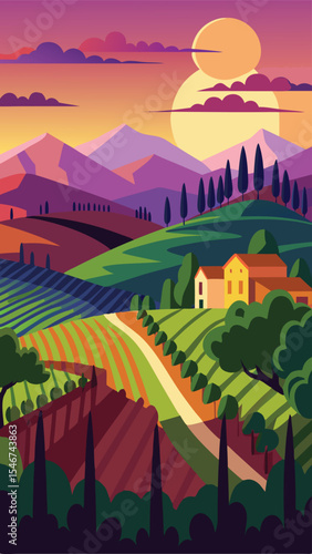 Colorful scenic landscape with rolling hills vineyard and sunset vector illustration