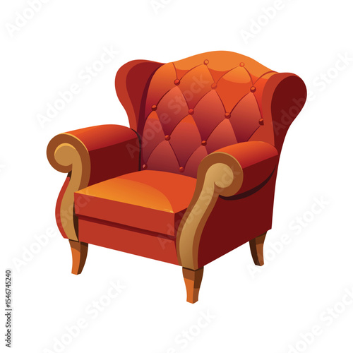 Red upholstered armchair with tufted back and wooden legs isolated on white background