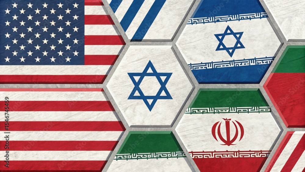 Fototapeta premium Tensions in the Middle East USA Israel Iran flags in a hexagon pattern 80 chars