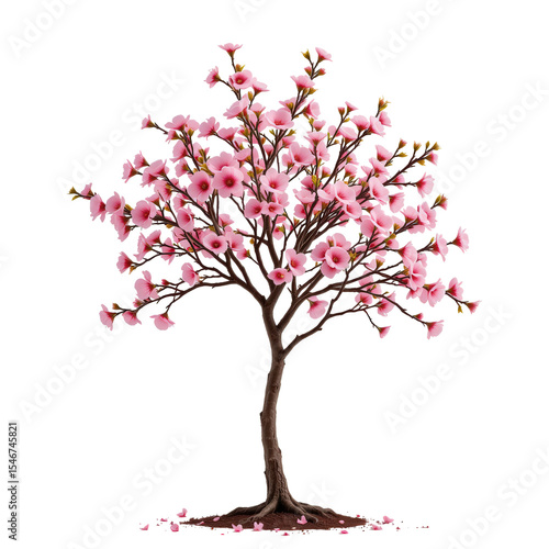 Beautiful Cherry Blossom Tree in Full Bloom with Pink Flowers and Green Leaves on Isolated Background