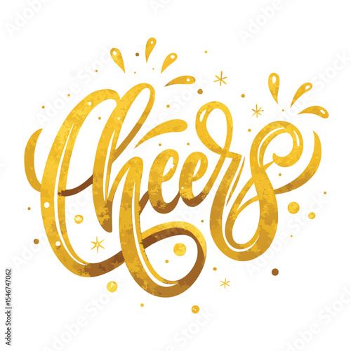 The word cheers is written in gold lettering isolated on white background